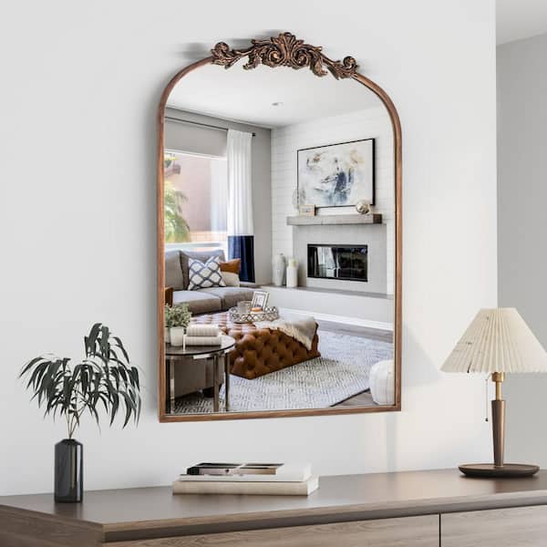 Elevatehome 24 in. W x 36 in. H Arched Antique Gold Finish Framed Baroque Accent Wall Decorative Mirror