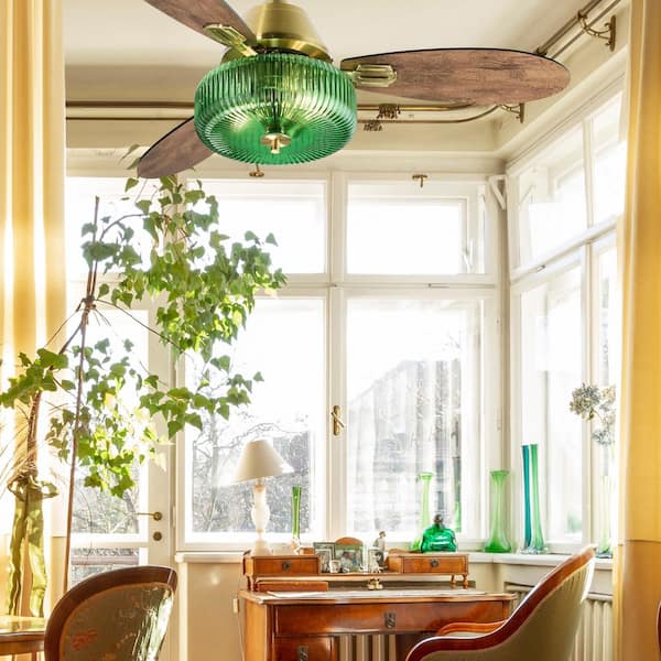 River of Goods Elaine 42 in. LED Indoor Gold and Green Glass and Metal Ceiling Fan with Light Kit and Remote Control