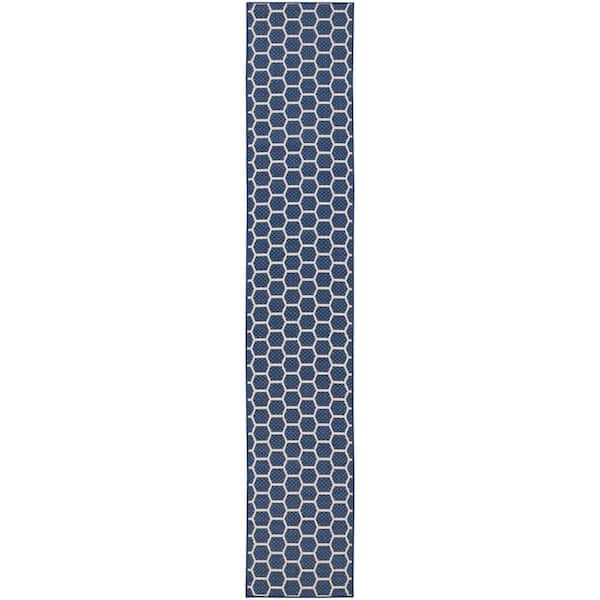 Reversible Indoor Outdoor Navy 2 ft. x 12 ft. Honeycomb Contemporary Runner Area Rug