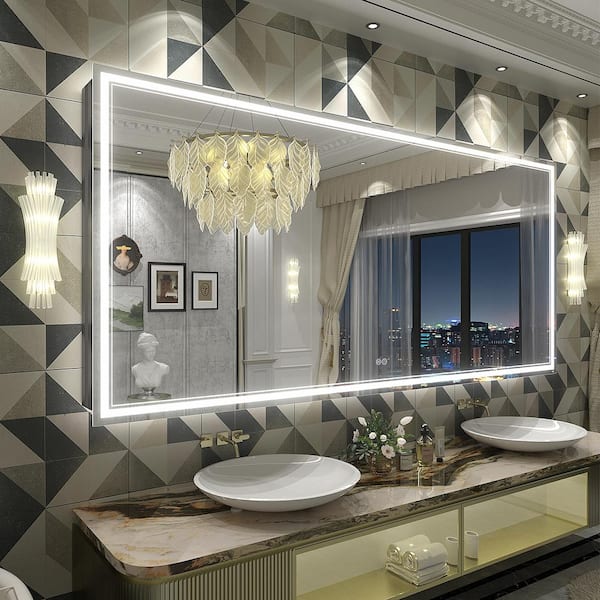 Apmir 77 in. W x 36 in. H Rectangular Frameless 192 LEDs/m Front Lighted Anti-Fog Tempered Glass Wall Bathroom Vanity Mirror