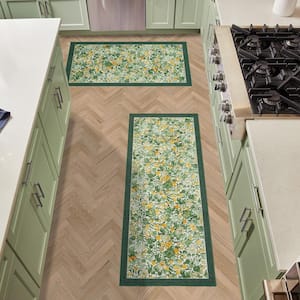 Loveston Chenille Green 2 ft. x 9 ft. Floral 2-Piece Rug Set
