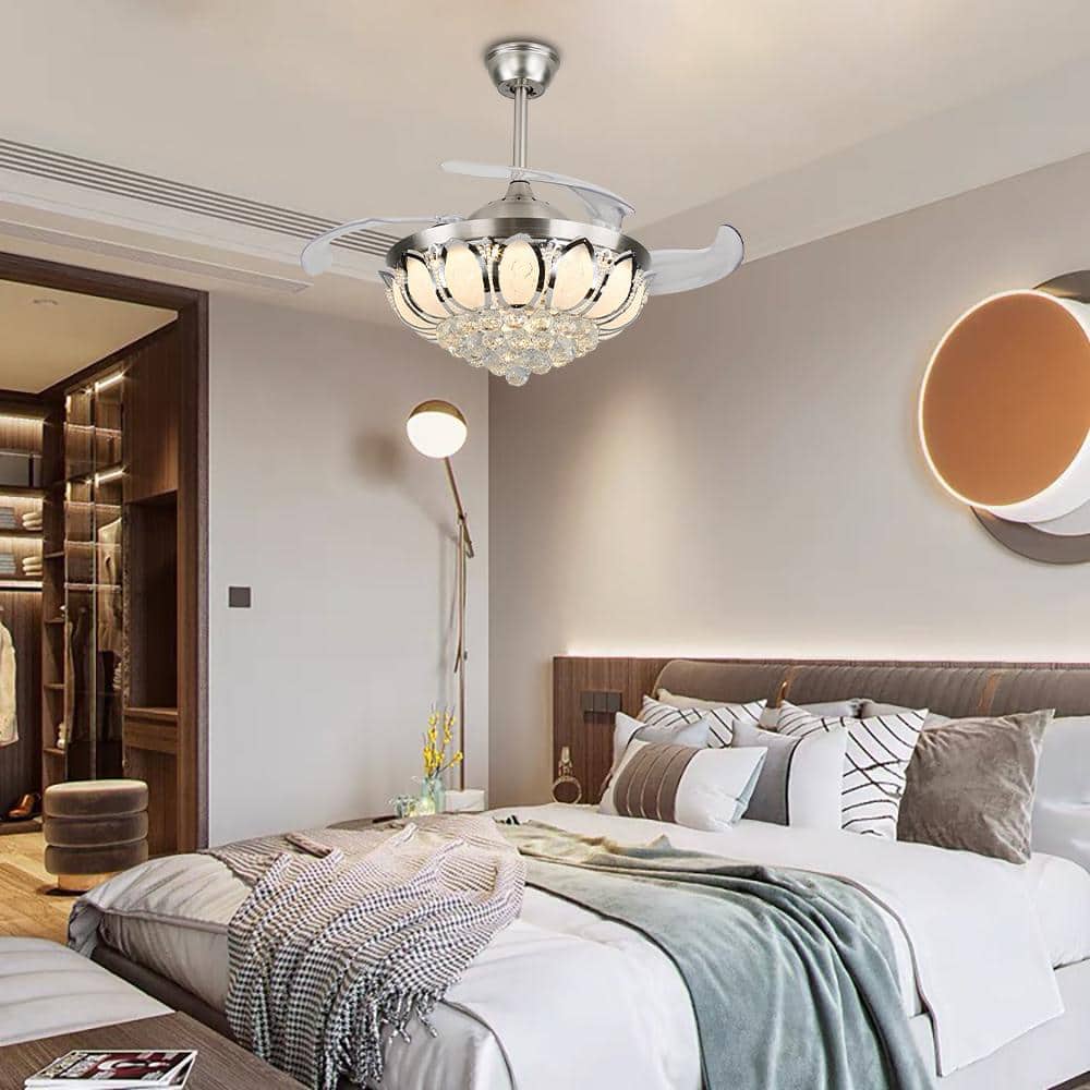 42" Silver Modern LED Crystal Chandelier Ceiling Fan with Remote