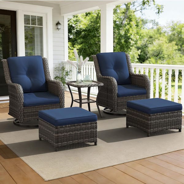 5-Piece Wicker Outdoor Patio Conversation Set Swivel Rocking Chair Set with Blue Cushions