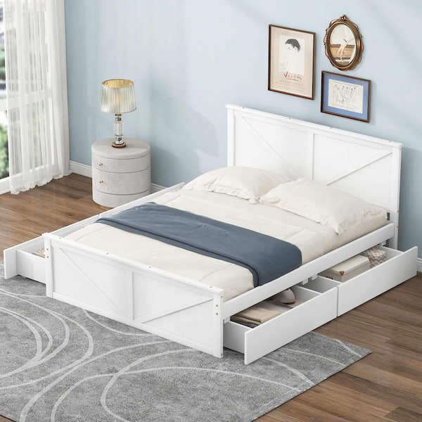 Antique White Wood Frame Queen Size Platform Bed with Four Storage Drawers and Support Legs