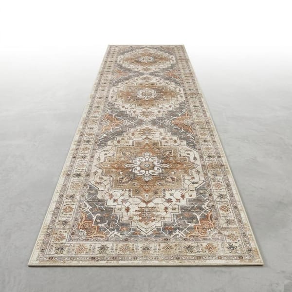 2'x8' Washable Non Slip Runner Rug, Low Pile Vintage Carpet,Turmeric Grey