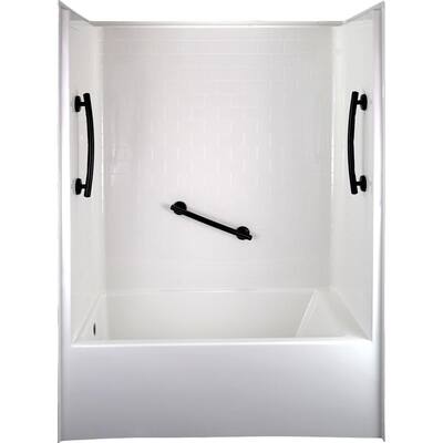 Ultimate 60 in. x 33 in. x 81 in. 1-Piece Subway Tile Bath and Shower Kit, LHS Drain in Bone, 3 Curved Black Grab Bars