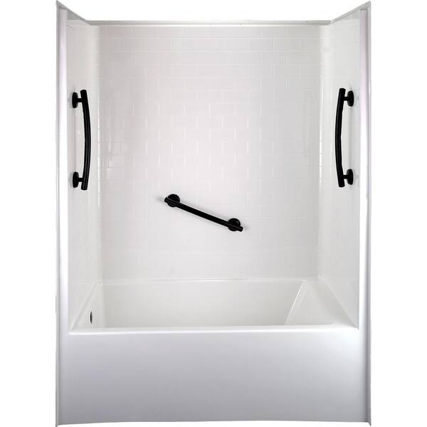 Ella Ultimate 60 in. x 33 in. x 81 in. 1-Piece Subway Tile Bath and Shower Kit, LHS Drain in Bone, 3 Curved Black Grab Bars