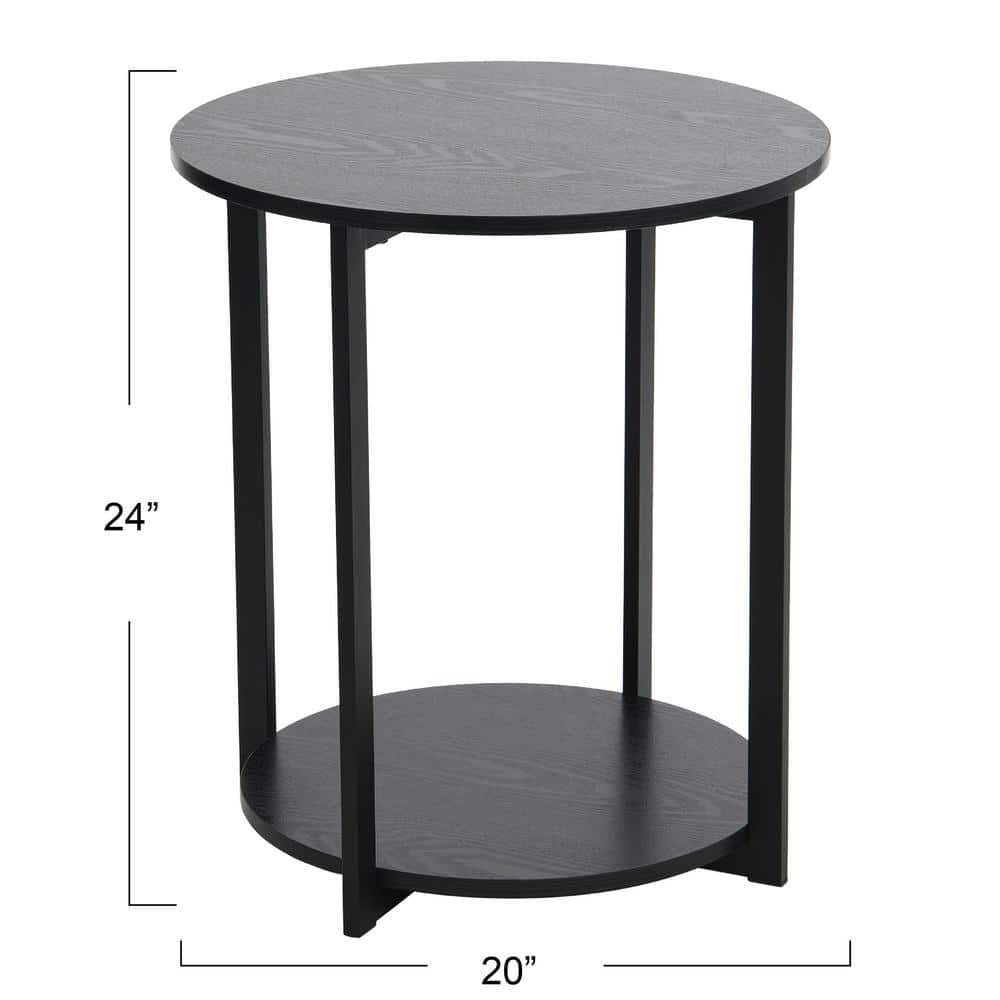 Black Oak and Steel Round End Table with Shelf