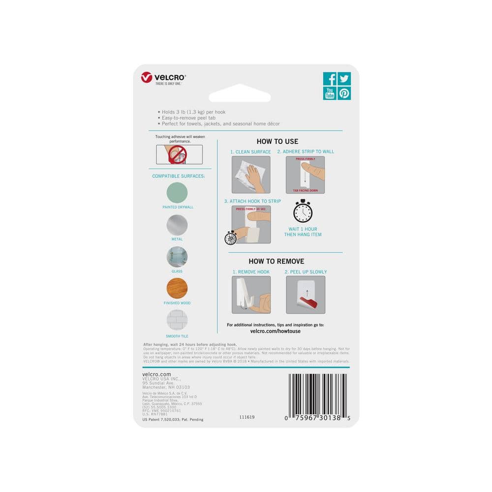 White Medium Removable Adhesive Wall Hooks, 3 lbs Capacity, 2-Pack