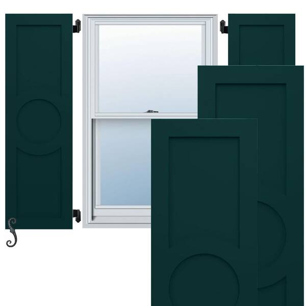 Ekena Millwork EnduraCore Center Circle Arts and Crafts 12 in. W x 44 in. H Raised Panel Composite Shutters Pair in Thermal Green