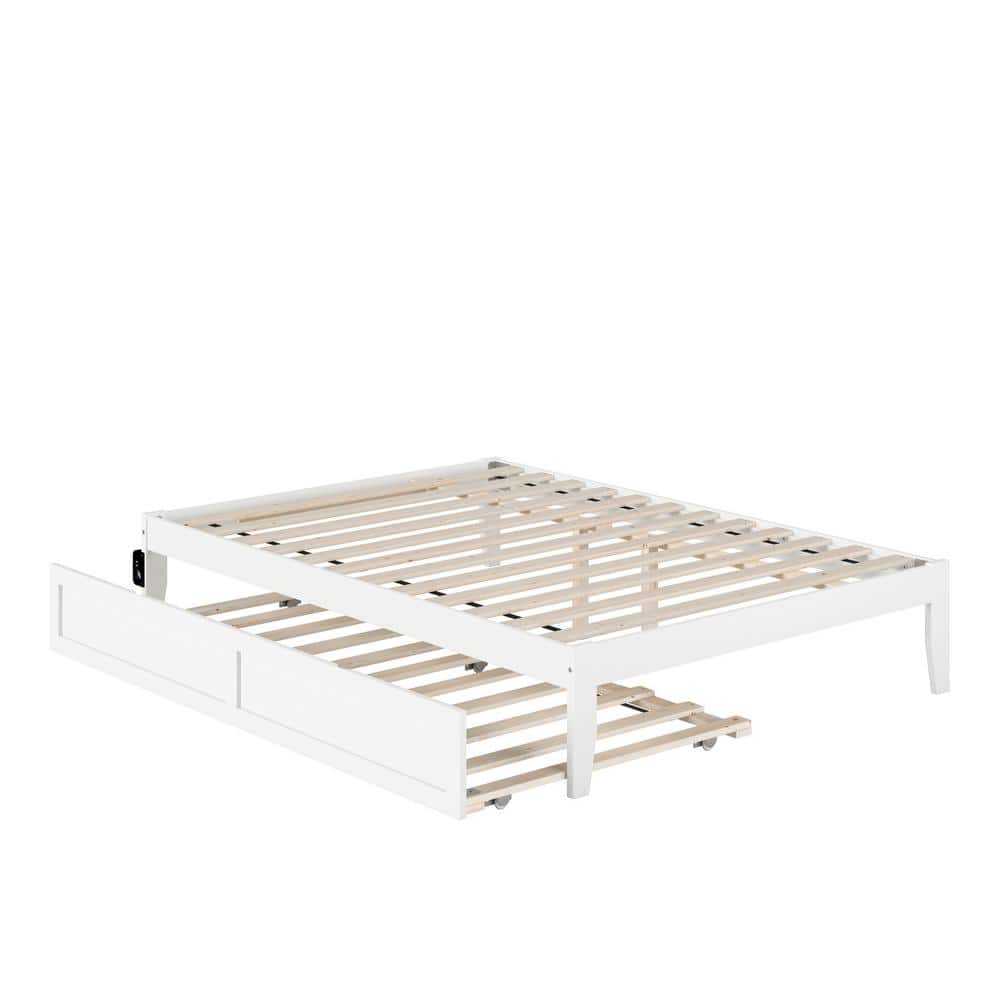 Elegant Full-Size White Platform Bed with Twin Trundle and USB Charging