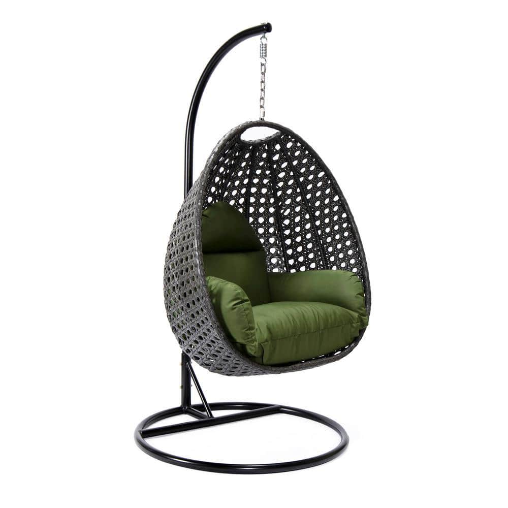 Charcoal Wicker Indoor Outdoor Hanging Egg Swing Chair For Bedroom and Patio with Stand and Cushion in Dark Green