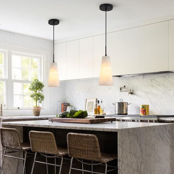 Natural Alabaster 3-light Pendant Lights Kitchen Island White Marble Conical Shade Chandelier Modern Black Ceiling Light