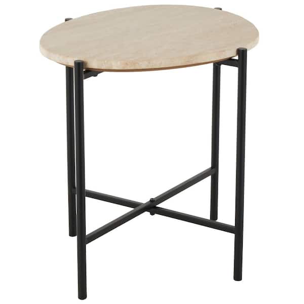 Litton Lane 16 in. Beige Round Marble End Table with Black Metal Support