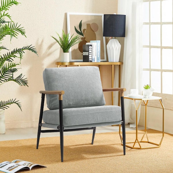 Uixe Mid-Century Modern Light Gray Cotton Fabric Upholstery Arm Chair with Metal Legs(Set of 1)