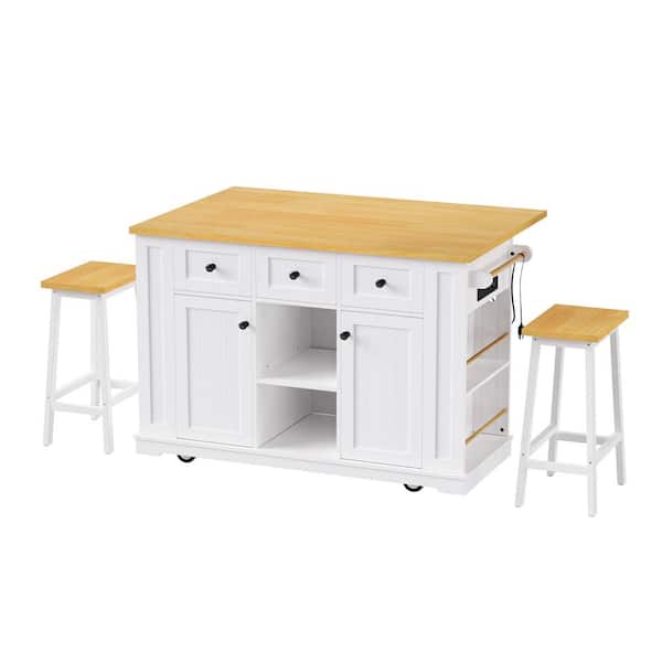 Unbranded White Wood 53 in. Kitchen Island with 2 Bar Stools, Power Outlet, Drop Leaf, 5 Open Side Racks, 3 Drawers and 5 Wheels