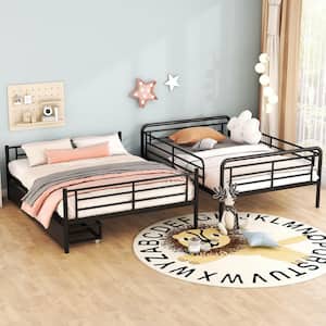 Black Full XL over Queen Metal Bunk Bed Convert into 2-Separate Beds with 2-Drawers