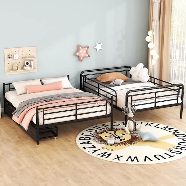 Harper & Bright Designs Black Full XL over Queen Metal Bunk Bed Convert into 2-Separate Beds with 2-Drawers
