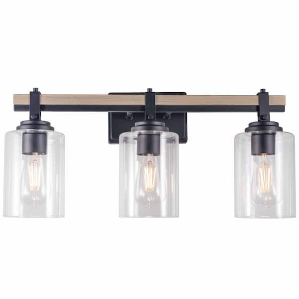 Pia Ricco 3-Light Matte Black and Ocean View Oak Vanity Billiard Light