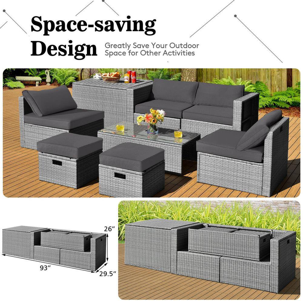8-Piece Gray Wicker Patio Conversation Set with Cushions and Storage