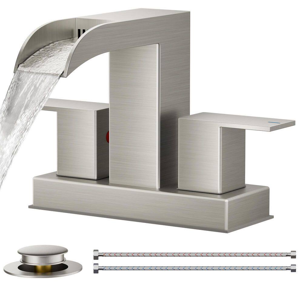 Waterfall 4 in. Centerset Double Handle Low Arc Bathroom Faucet with Drain in Brushed Nickel price history on PriceWatchPro