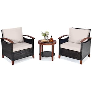 3-Piece Wicker Patio Furniture Set with Washable Beige Cushion and Acacia Wood Tabletop