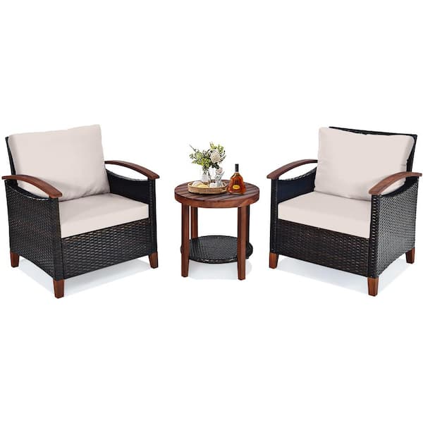 ANGELES HOME 3-Piece Wicker Patio Furniture Set with Washable Beige Cushion and Acacia Wood Tabletop