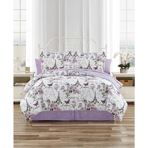 CEDAR COURT 8-Piece Lilac Paris Floral Ultra Soft Microfiber Full Reversible Bed Bag Comforter Set