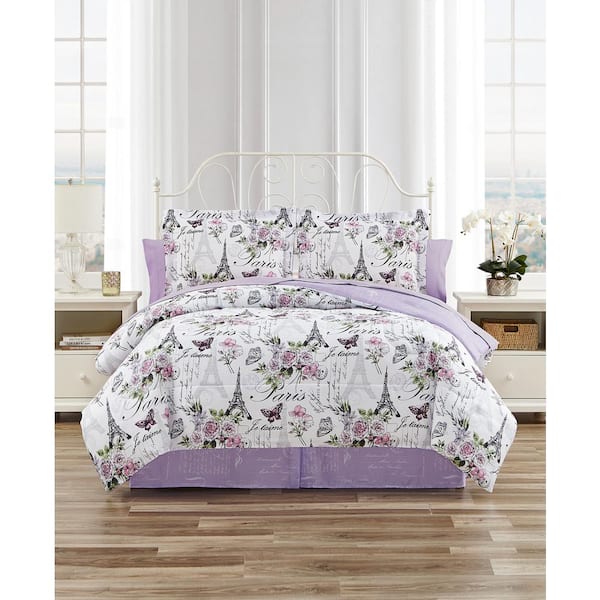 CEDAR COURT 6-Piece Lilac Paris Floral Ultra Soft Microfiber Twin XL Reversible Bed Bag Comforter Set