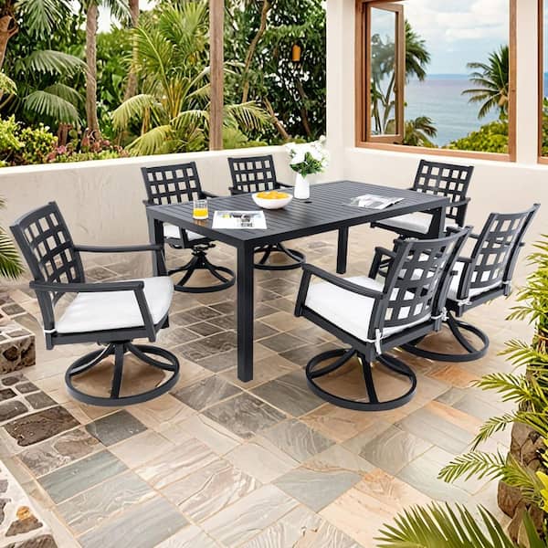 Modern Classic Ember Black 7-Piece Aluminum Rectangular Outdoor Dining Set with Sunbrella Silver Cushions