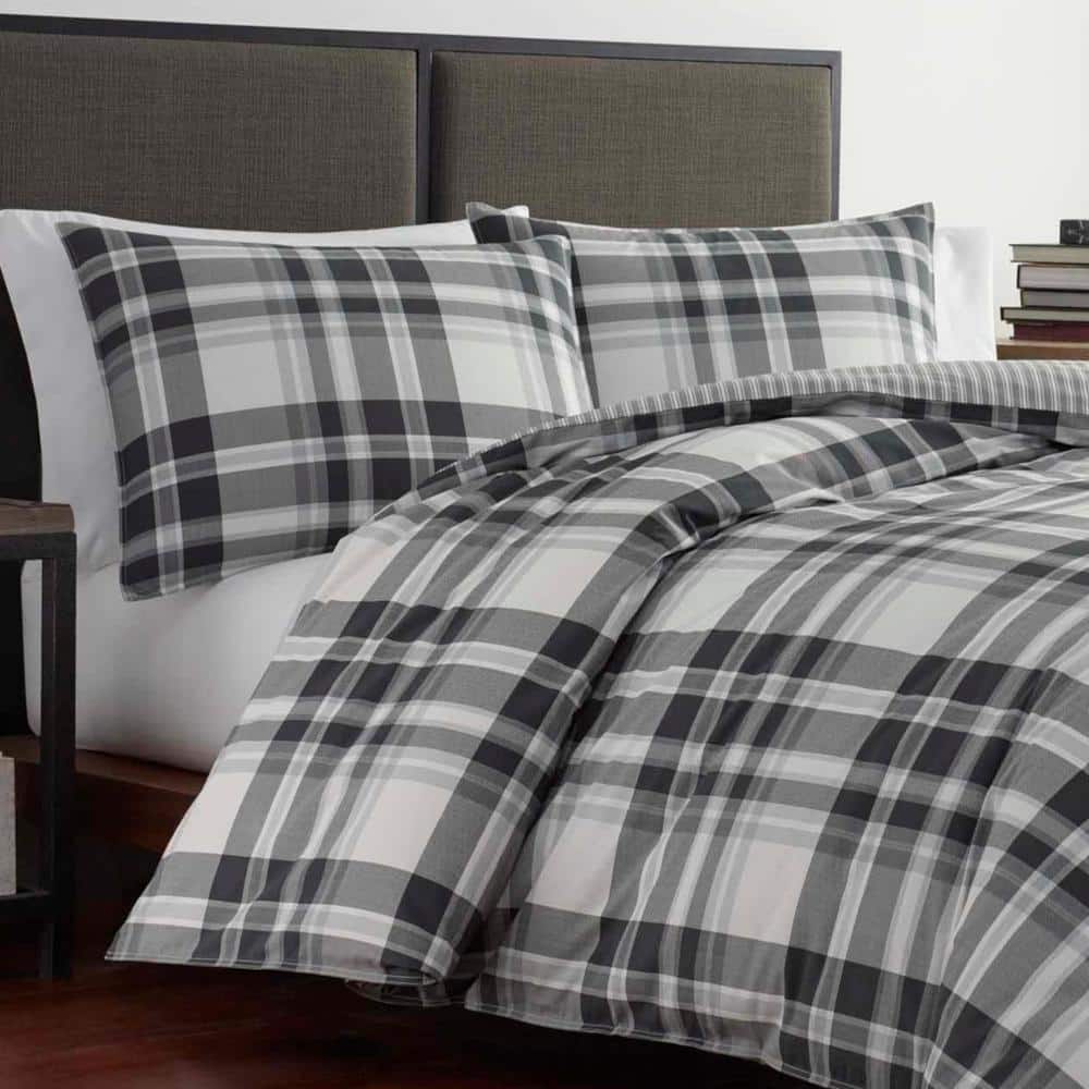Full White Cotton Reversible Plaid Comforter Set