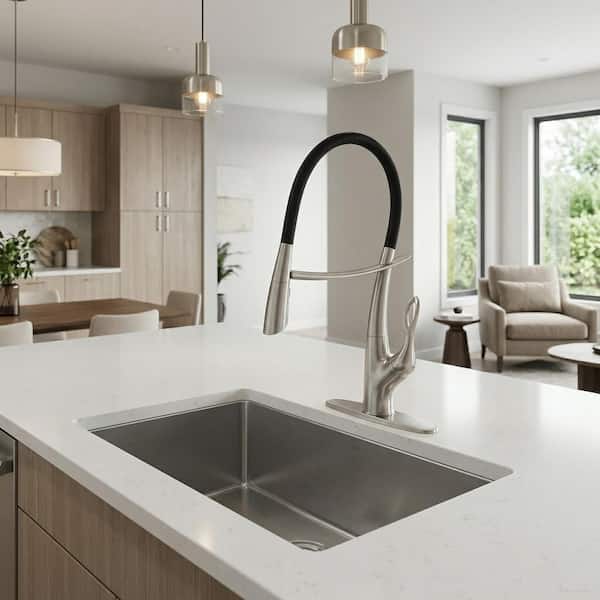 19.9 in. H Single Handle Pull-Down Sprayer Kitchen Faucet Included Deckplate in Brushed Nickel