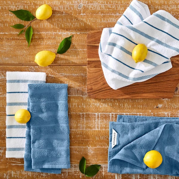 New 2-PK KitchenAid Cotton Terry Kitchen Towels Blue Multi Striped