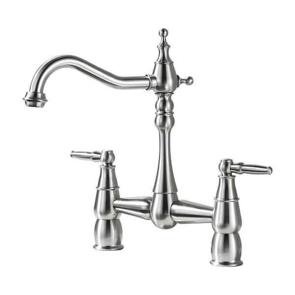 Vintage 2-Handle High Arc Bridge Kitchen Faucet with Hole Cover in Brushed Nickel