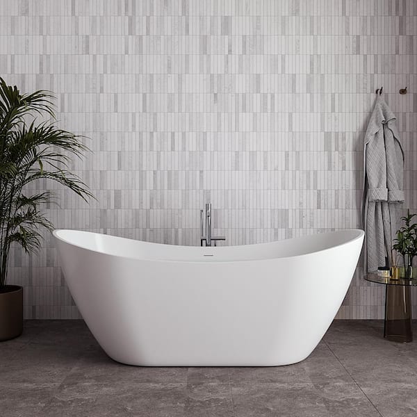 71 in. x 32 in. Acrylic Freestanding Soaking Bathtub in Glossy White with Glossy White Drain