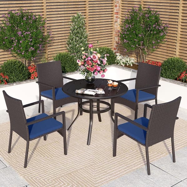PHI VILLA 5-Piece Metal Patio Outdoor Dining Set with Round Slat Table and Rattan Chair with Blue Cushion