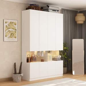 White Wood 63 in. W Big Wardrobe Armoires with Glass Display Door and Tri-Color LED Lights 94.7 in. H x 19.1 in. D
