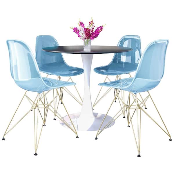 Leisuremod 5-Piece Dining Set 35 in. Round Dining Table White Base with 4 Plastic Side Chair with Gold Base in Transparent Blue