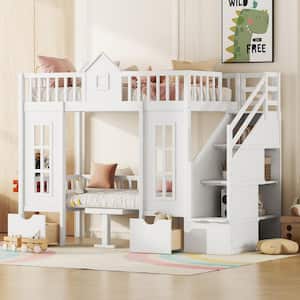 White Twin Over Twin Bunk Bed with Changeable Table, Storage Staircases and 2-Drawers