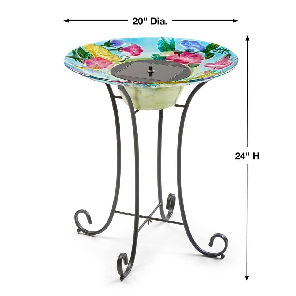 Hummingbird Hand-Painted Glass Solar Birdbath with Steel Stand