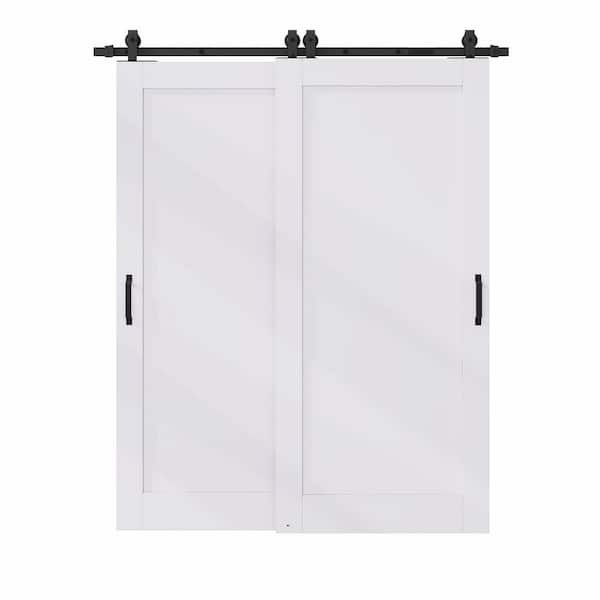 64 in. x 80 in. (Two 36 in. ) Bypass Save Space 1 Panel White Primed MDF Sliding Barn Door with Hardware Kit