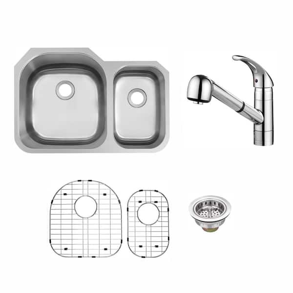 32 in. Undermount 70/30 Double Bowl 18 Gauge Stainless Steel Kitchen Sink with Pull-Out Polished Chrome Kitchen Faucet