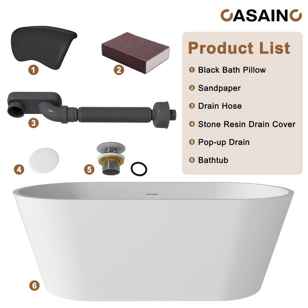67" White Solid Surface Freestanding Soaking Tub with Black Pillow