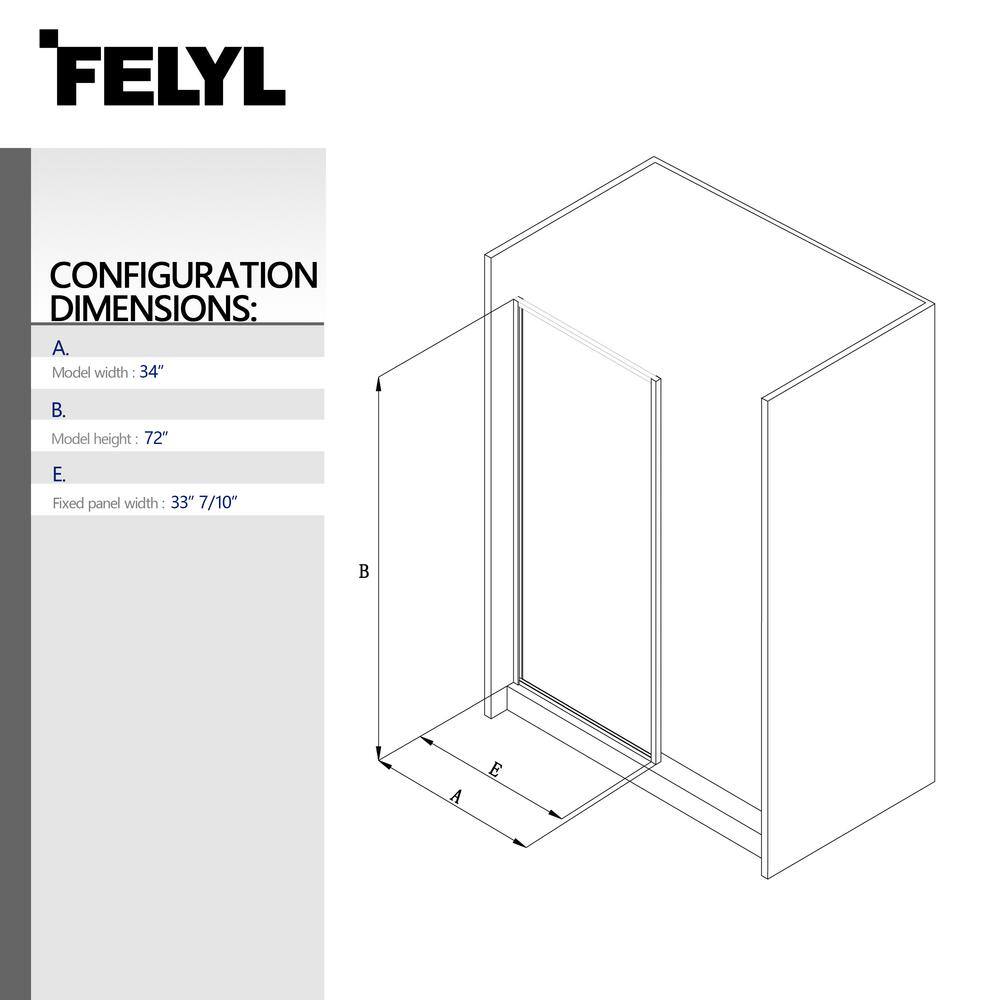 FELYL 34" x 72" Black Framed Clear Glass Shower Panel