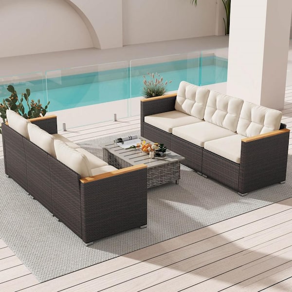 3-Piece Mix Gray PE Rattan Wicker Outdoor Modular Sectional Sofa with Off White Cushions