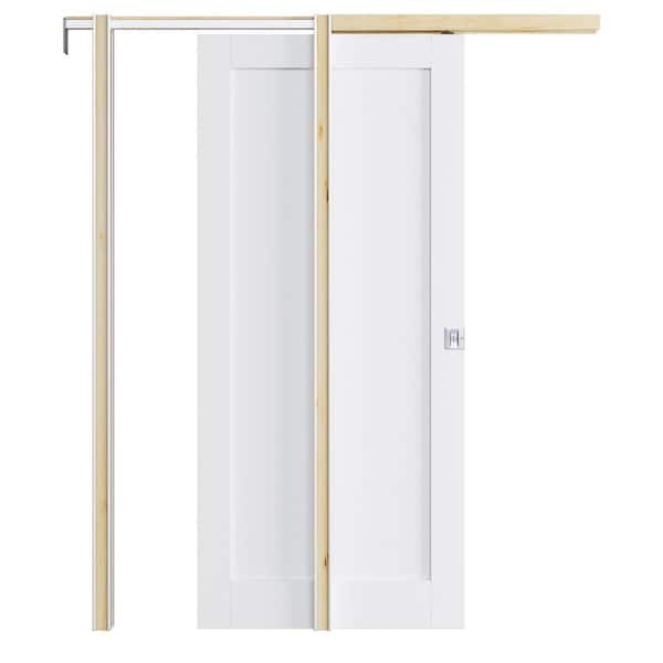 36 in. x 96 in. White Blank Primed Door Slab Wood Pocket Door Frame and Hardware (Soft Close and Black Lock Included)