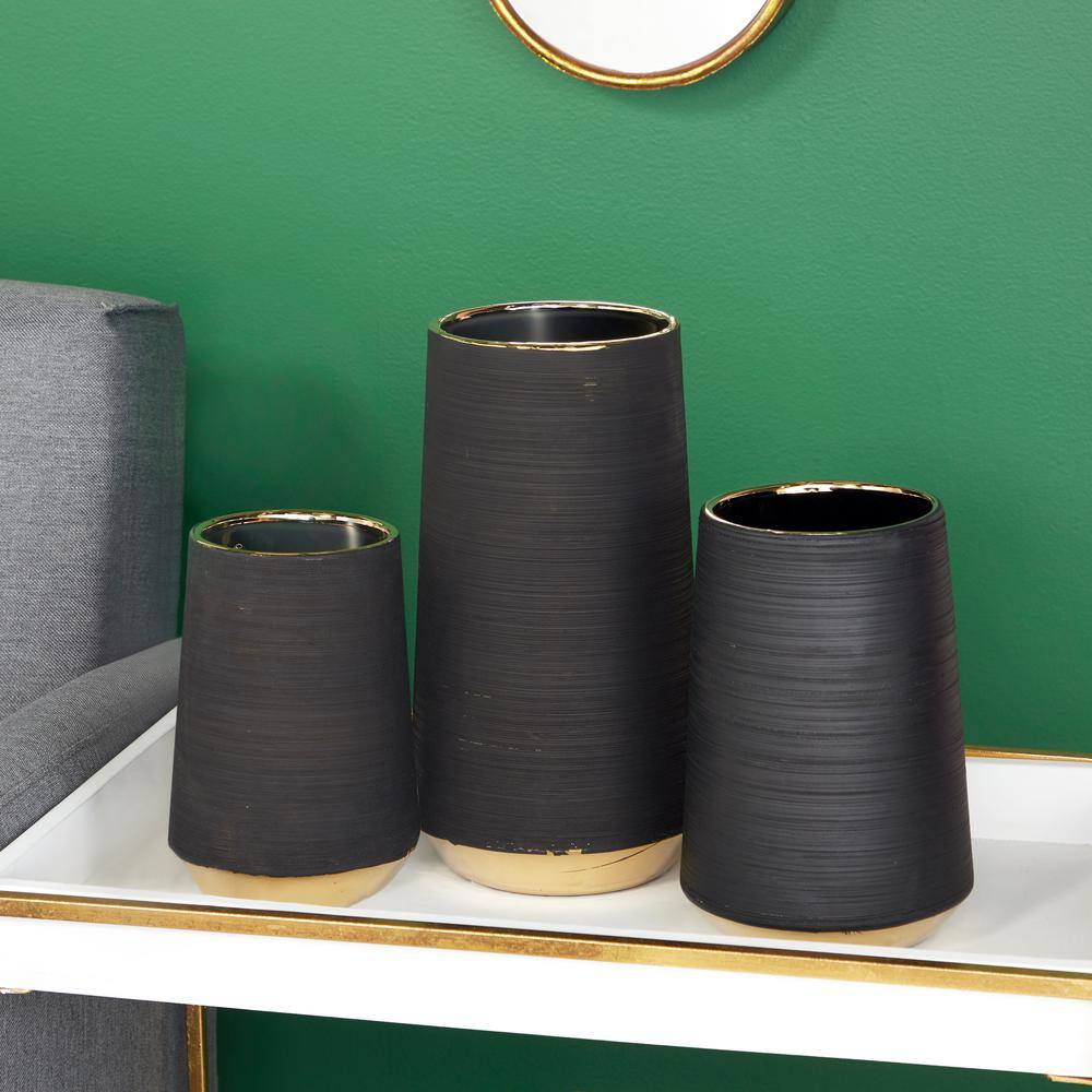 Matte Black Porcelain Vase with Gold Trim Accents 9"x12"