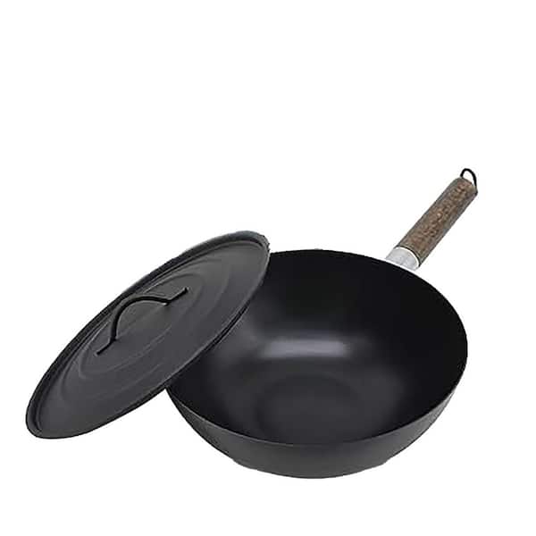 9 in. Non-Stick Cast Iron Wok Pan with Iron Lid Wooden Handle Nitriding Rust Prevention Flat Bottom for All Stoves