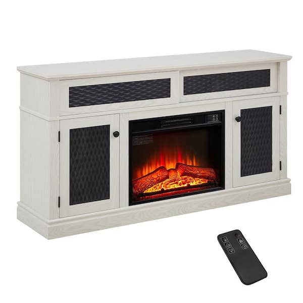 Farmhouse 58 in. Freestanding Wood Electric Fireplace TV Stand with Embossed Doors and Storage in White