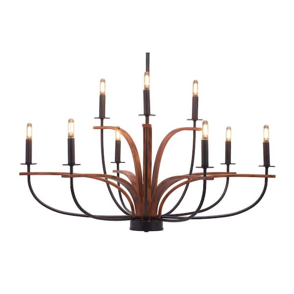 Unbranded Wensley 9-Light Matte Black and Painted Wood-look Metal 2 Tier Chandelier for Dinning Table with no bulbs included